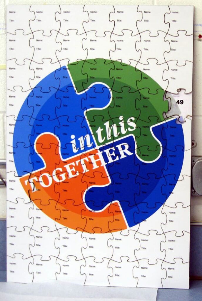 example of writable team puzzle with text on each piece  Great teambuilding puzzle idea
